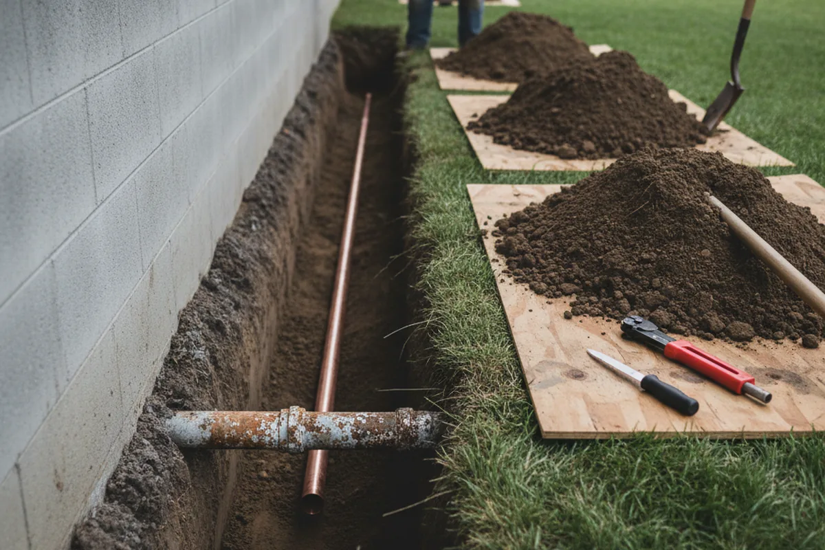 Excavated water line trench during Sewer Line Repair in Boley